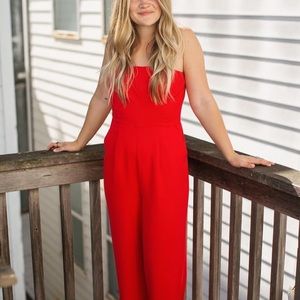 Red Tailored Strapless Jumpsuit with pockets